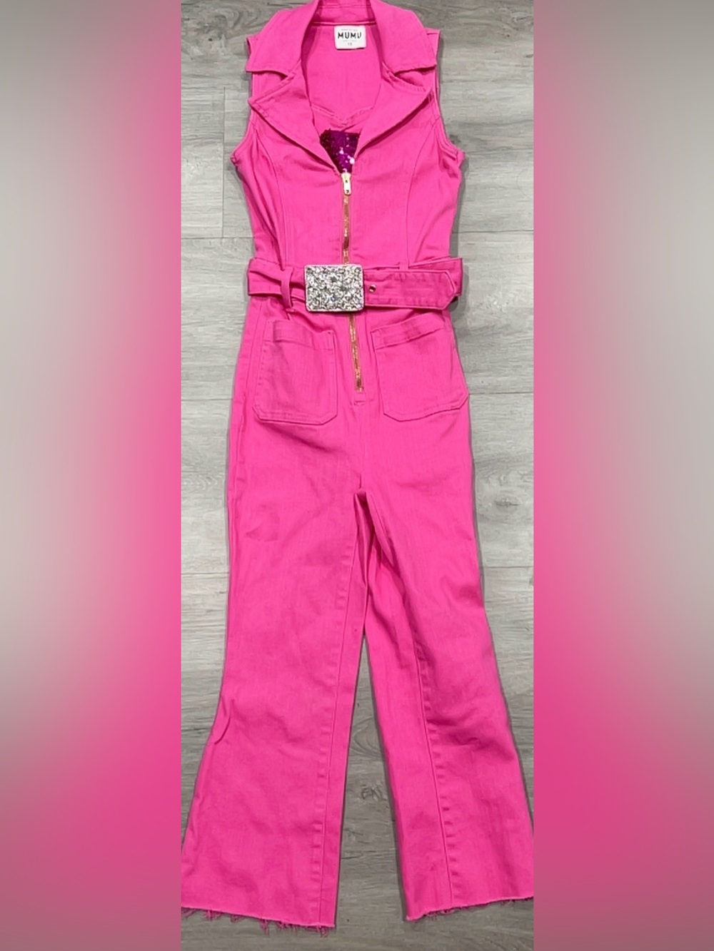 Show Me Your Mumu Jacksonville Pink Denim Jumpsuit Custom Rhinestone Sequin XS